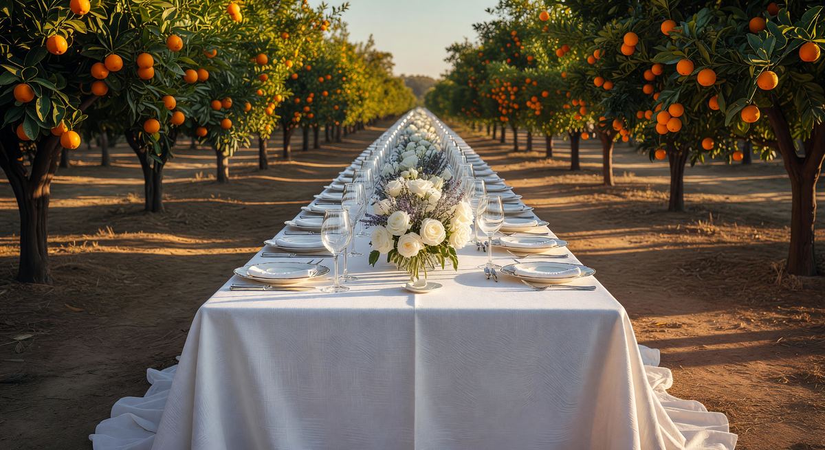 Farm to table dinner in an orange grove, California