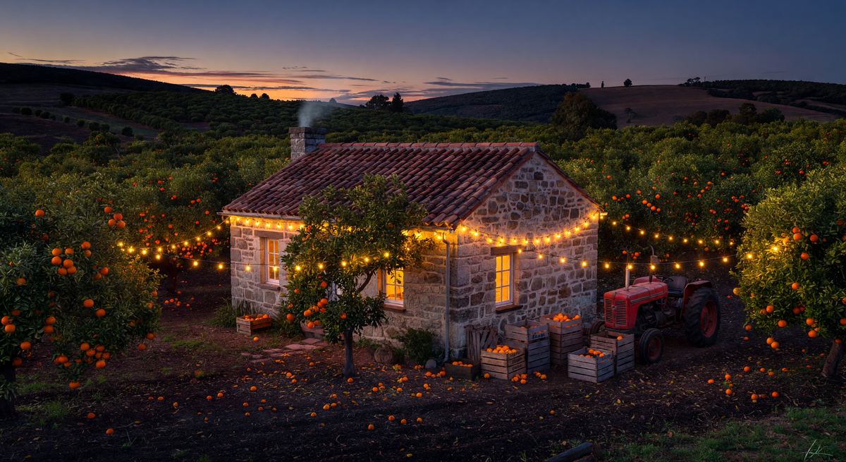Orange grove cottage at dusk, California