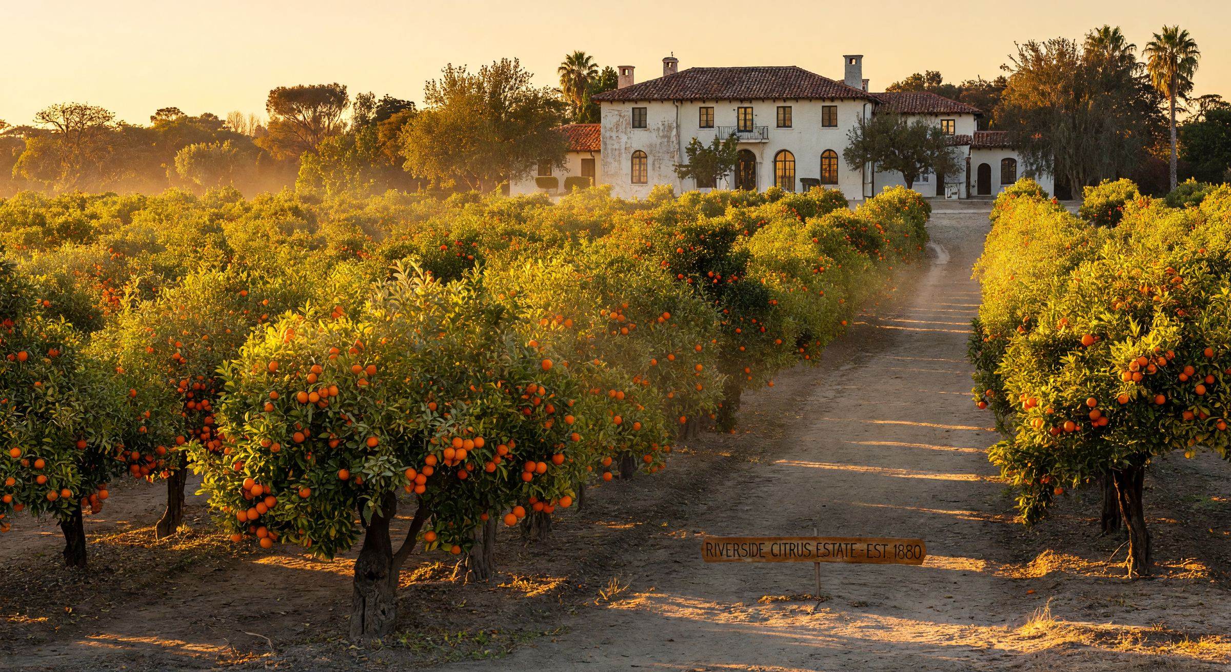 Historic Riverside citrus estate at golden hour