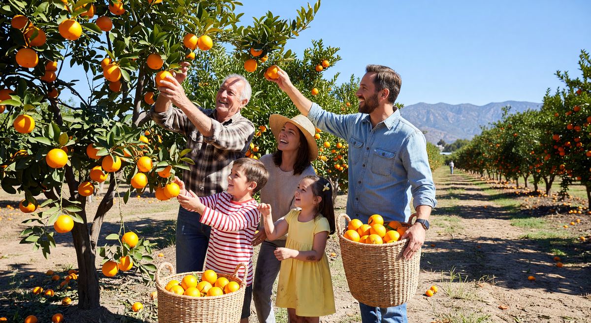 U-pick orange grove family activity, California