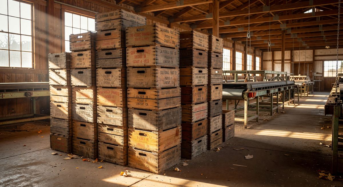 Vintage citrus crate labels in historic packinghouse