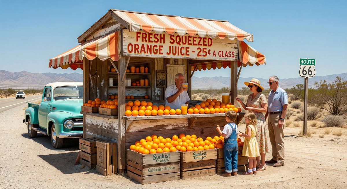 Vintage roadside orange juice stand, Southern California